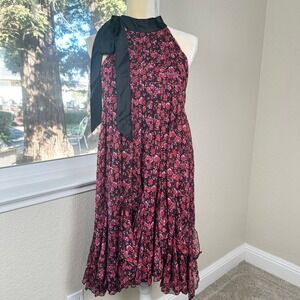 NWT Anthropologie Tie Neck Halter Mini Dress Women XS Pink Floral Pleated Ruffle